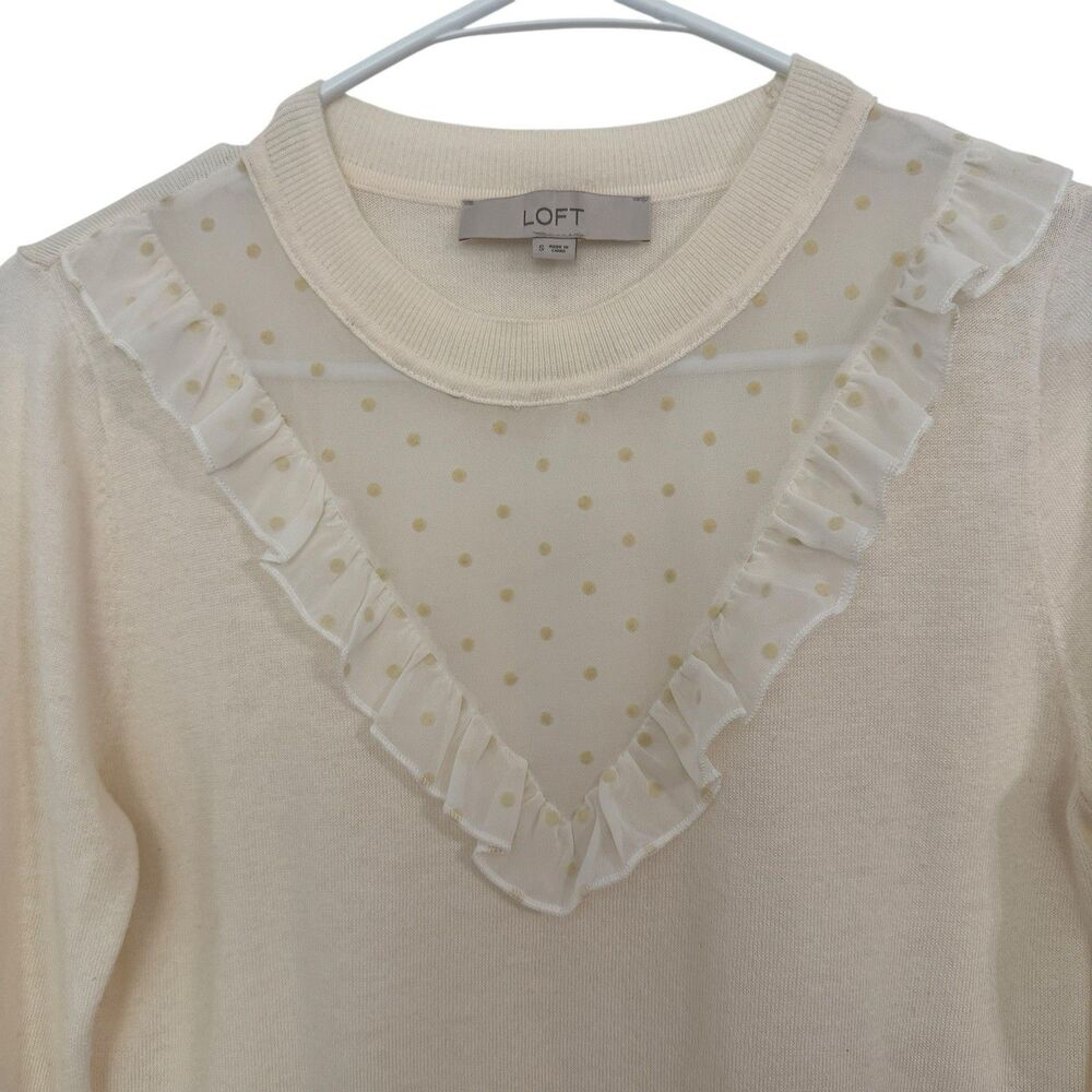 LOFT Ruffle Mesh wool blend Sweater S Crewneck Knit Polka Dot Minimalist - Picture 3 of 5